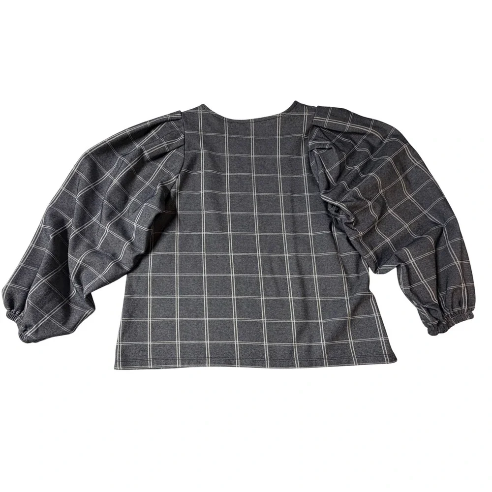 Banana Republic Windowpane Plaid‎ Puff Sleeve Knit Top Navy Womens M